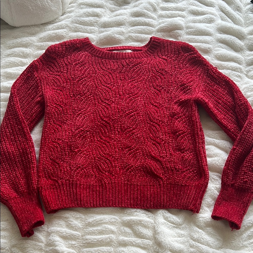 Pink Rose Red Crew Neck Cable Knit Sweater